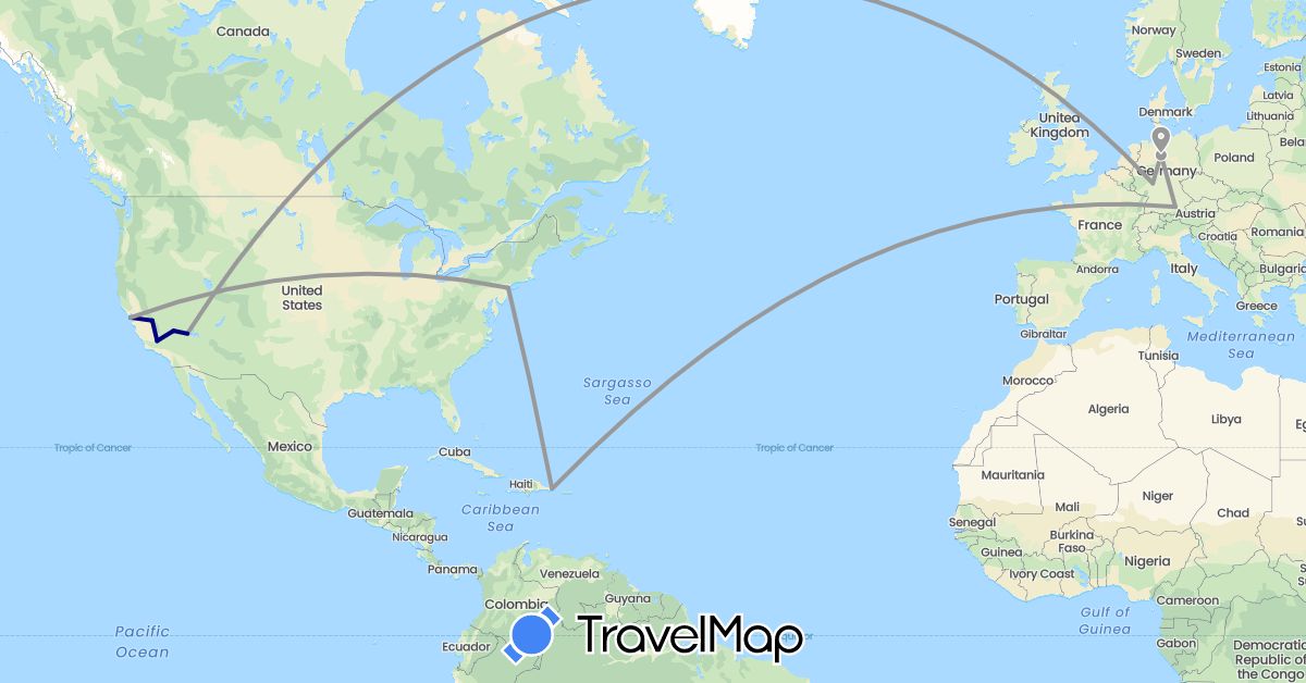 TravelMap itinerary: driving, plane in Germany, Dominican Republic, United States (Europe, North America)